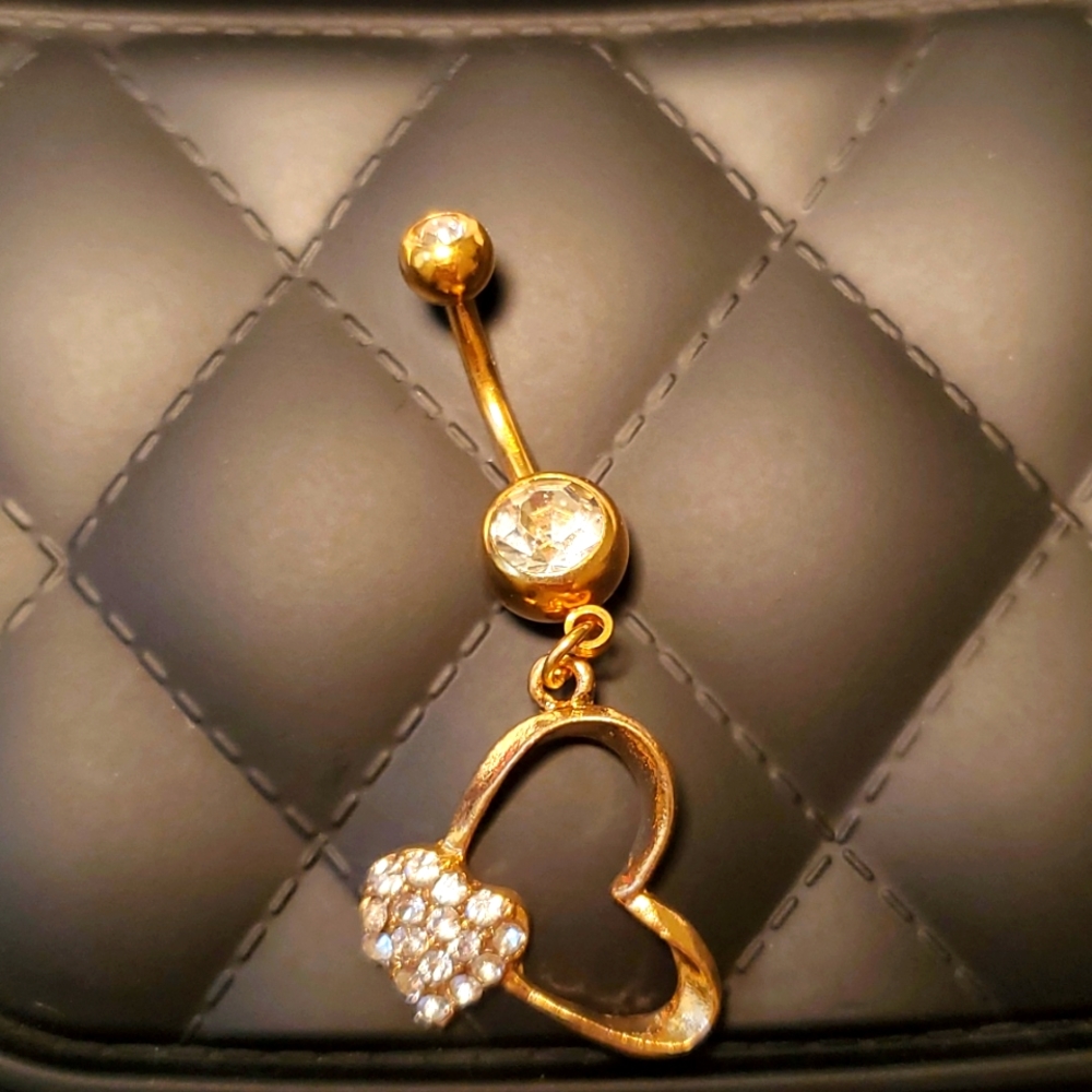 18k Gold toned Stainless steel Belly button ring  jeweled dangled heart